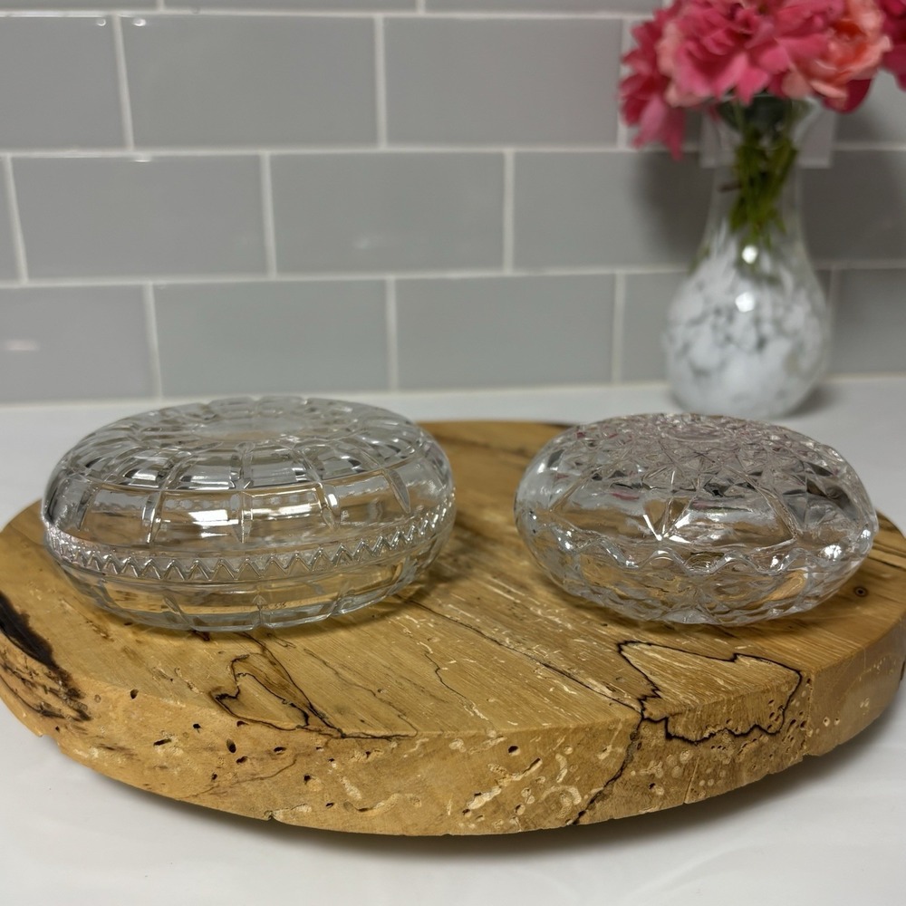 Vintage Crystal Trinket Box Ring Holder 2 Pc Saw Tooth Edges Round Bowl Dish Set